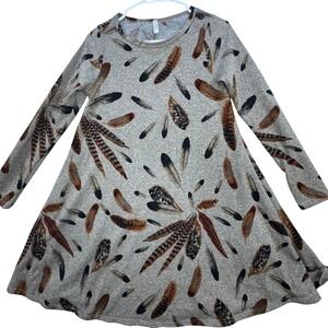 Jardin by Macris Tunic Dress Women Small Feather Print Long Sleeve‎ Boho Earthy